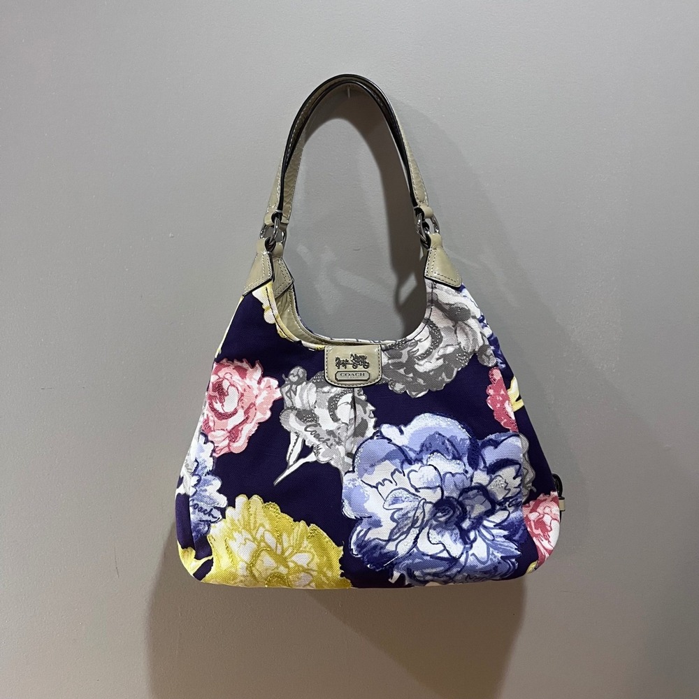 Coach Madison Purple Floral Maggie Canvas Hobo Shoulder Bag Patent Leather Y2K